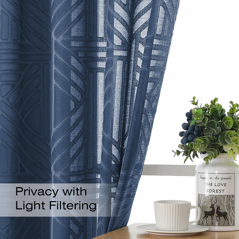 Simplebrand Navy Blue Sheer Kitchen Curtains 36 Inch Length Tier Curtains 2 Panels, Light Filtering Geometric Jacquard Clip Textured Semi Sheer Curtains Short Window Curtains for Bathroom, 42x36 inch - Image 2