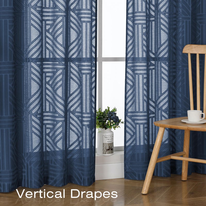 Simplebrand Navy Blue Sheer Kitchen Curtains 36 Inch Length Tier Curtains 2 Panels, Light Filtering Geometric Jacquard Clip Textured Semi Sheer Curtains Short Window Curtains for Bathroom, 42x36 inch - Image 5