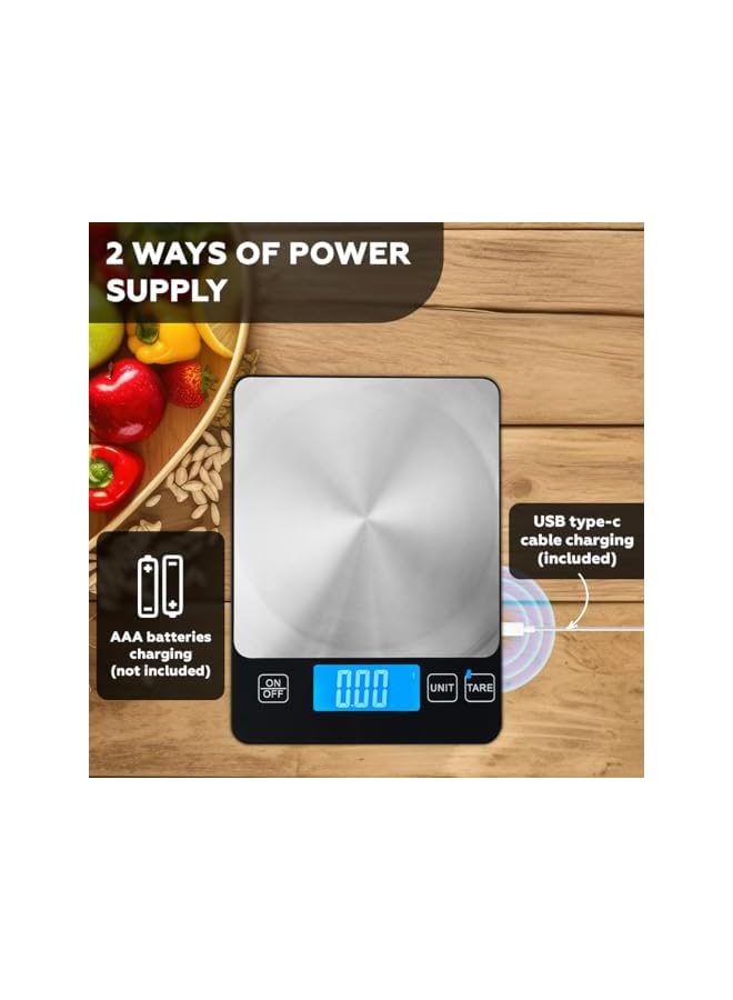 S-TOP 15kg Digital Kitchen Scale Rechargeable with USB Type C Charging & LCD Display, 304 Stainless Steel Weight Food Scale Ounces Grams for Kitchen Cooking Baking Meal Prep - Image 3