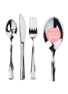 Prestee 300 Plastic Silverware Set | 100 Forks , Spoons , Knives Heavy Duty Bulk Disposable Flatware Utensils