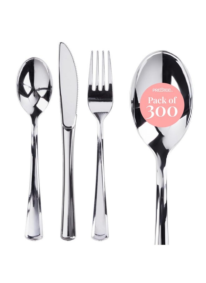 Prestee Prestee 300 Plastic Silverware Set | 100 Forks , Spoons , Knives Heavy Duty Bulk Disposable Flatware Utensils  - Image 1