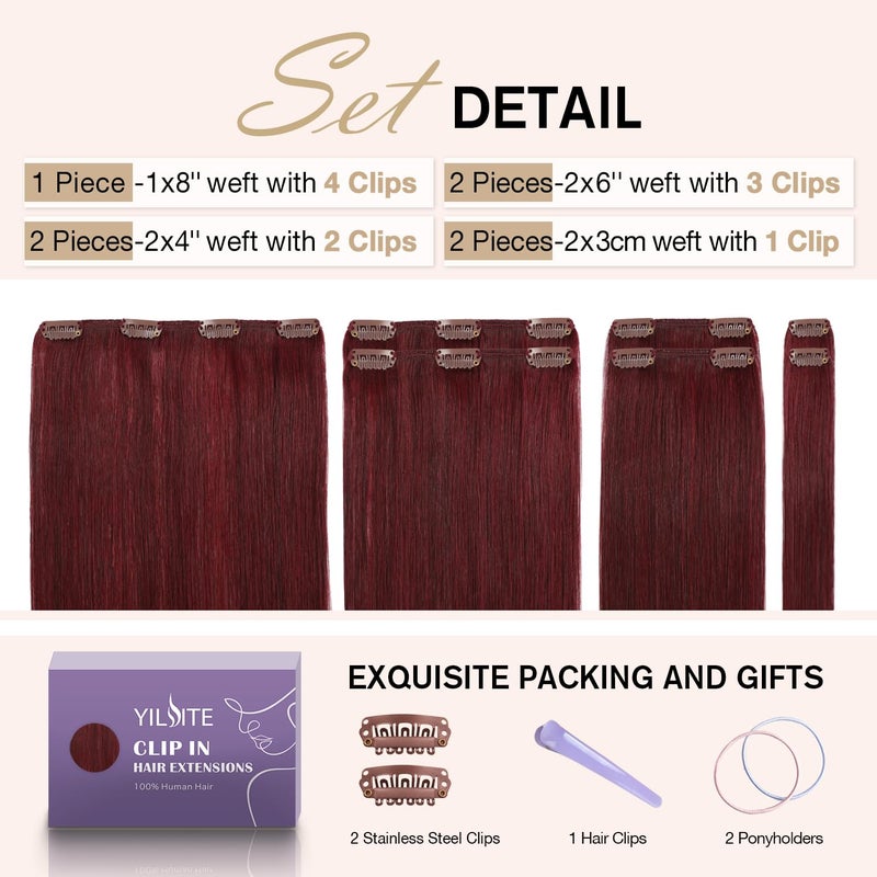 YILITE Clip In Hair Extensions Red Human Hair Extensions Clip Ins 16inch 70g 7pcs/Pack Burgundy Double Weft Silky Straight Remy Human Hair Thick Clip In Real Hair Extensions For Women - Image 4