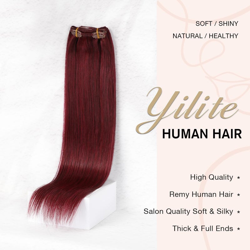 YILITE Clip In Hair Extensions Red Human Hair Extensions Clip Ins 16inch 70g 7pcs/Pack Burgundy Double Weft Silky Straight Remy Human Hair Thick Clip In Real Hair Extensions For Women - Image 2