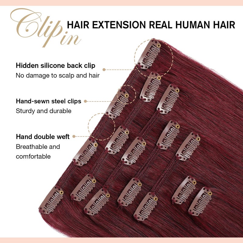 YILITE Clip In Hair Extensions Red Human Hair Extensions Clip Ins 16inch 70g 7pcs/Pack Burgundy Double Weft Silky Straight Remy Human Hair Thick Clip In Real Hair Extensions For Women - Image 3