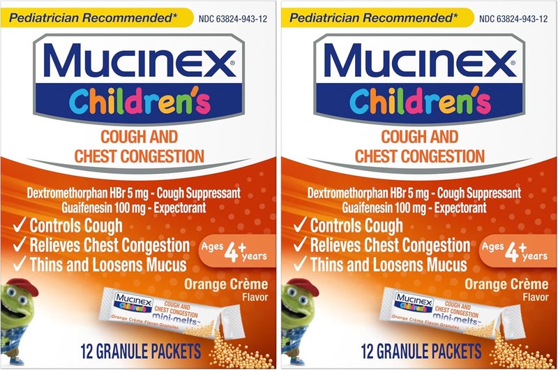 MUCINEX دواء طارد للبلغم ومثبط للسعال للأطفال MiniMelts بنكهة كريمة البرتقال 12 حبة قد يختلف التغليف عبوة من 2 - Image 1