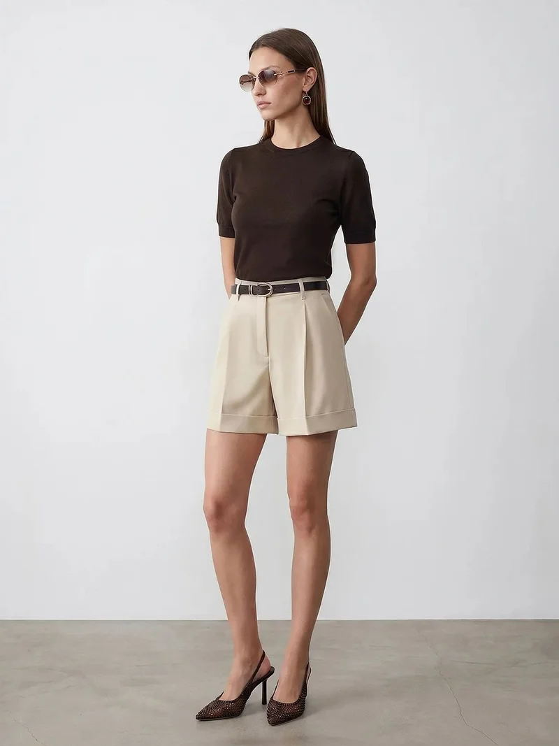 Dilvin DILVIN Ribbed Crew Neck Short-sleeve Blouse