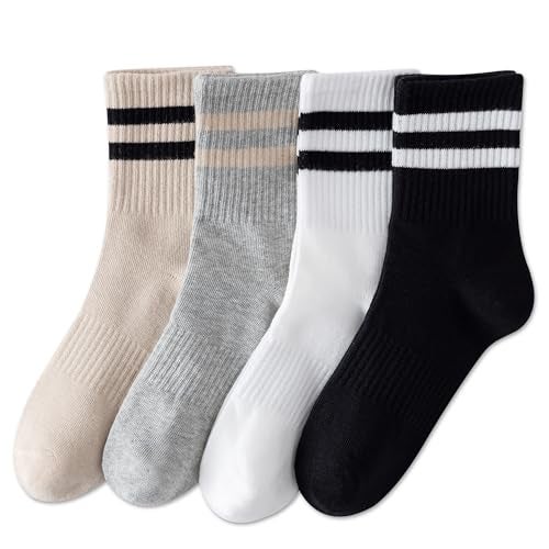 YUWELL Womens Striped Crew Socks, Cotton Cozy Casual Socks for Women 4 Pairs, Size 5-10,Mixcolor - Image 1