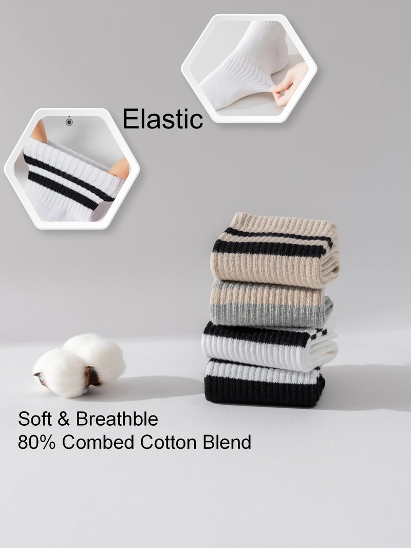 YUWELL Womens Striped Crew Socks, Cotton Cozy Casual Socks for Women 4 Pairs, Size 5-10,Mixcolor - Image 3