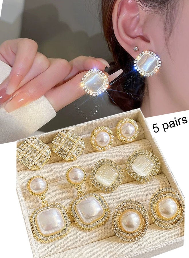 Happy D 5 pairs of women's pearl earrings, 14K gold-plated pearl hoop stud earring set, an excellent jewelry gift for girls and women - Image 1