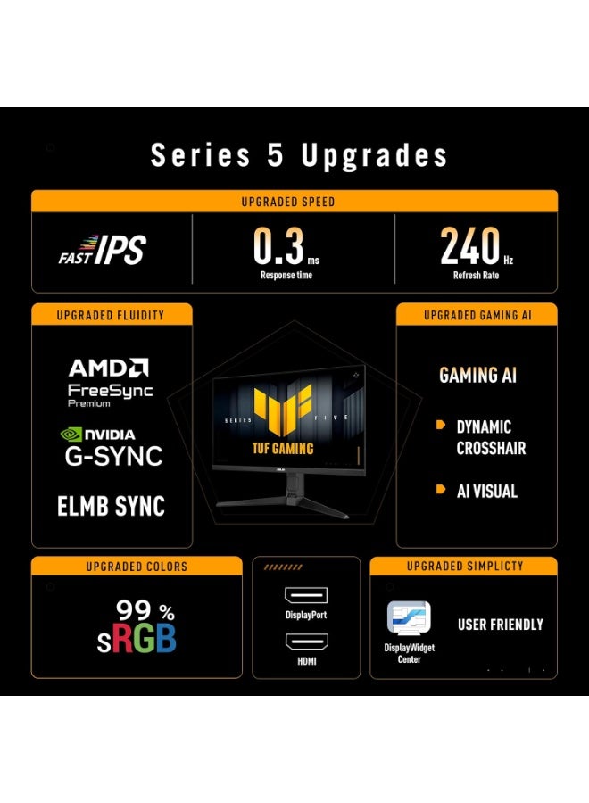 أسوس TUF Gaming Series 5 VG279QML5A Gaming Monitor: 27-inch Full HD Fast-IPS panel, 240Hz, 0.3ms, G-SYNC® compatible, AMD FreeSync™ Premium, ELMB SYNC, 99% sRGB, Height adjustment - Black Black - Image 2