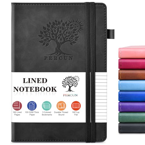 PERCUN Lined Journal Notebook for Men & Women, 160 Pages Leather Journals for Writing, A5 Hardcover Notebooks for Note Taking, Work, School, Business, Travel,Daily Diary 5.9" x 8.5" (Black) - Image 1