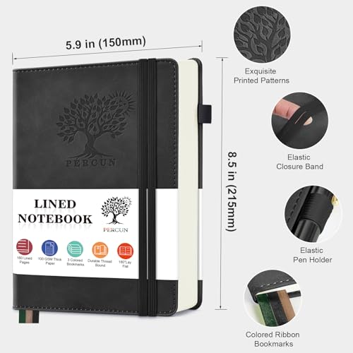 PERCUN Lined Journal Notebook for Men & Women, 160 Pages Leather Journals for Writing, A5 Hardcover Notebooks for Note Taking, Work, School, Business, Travel,Daily Diary 5.9" x 8.5" (Black) - Image 2