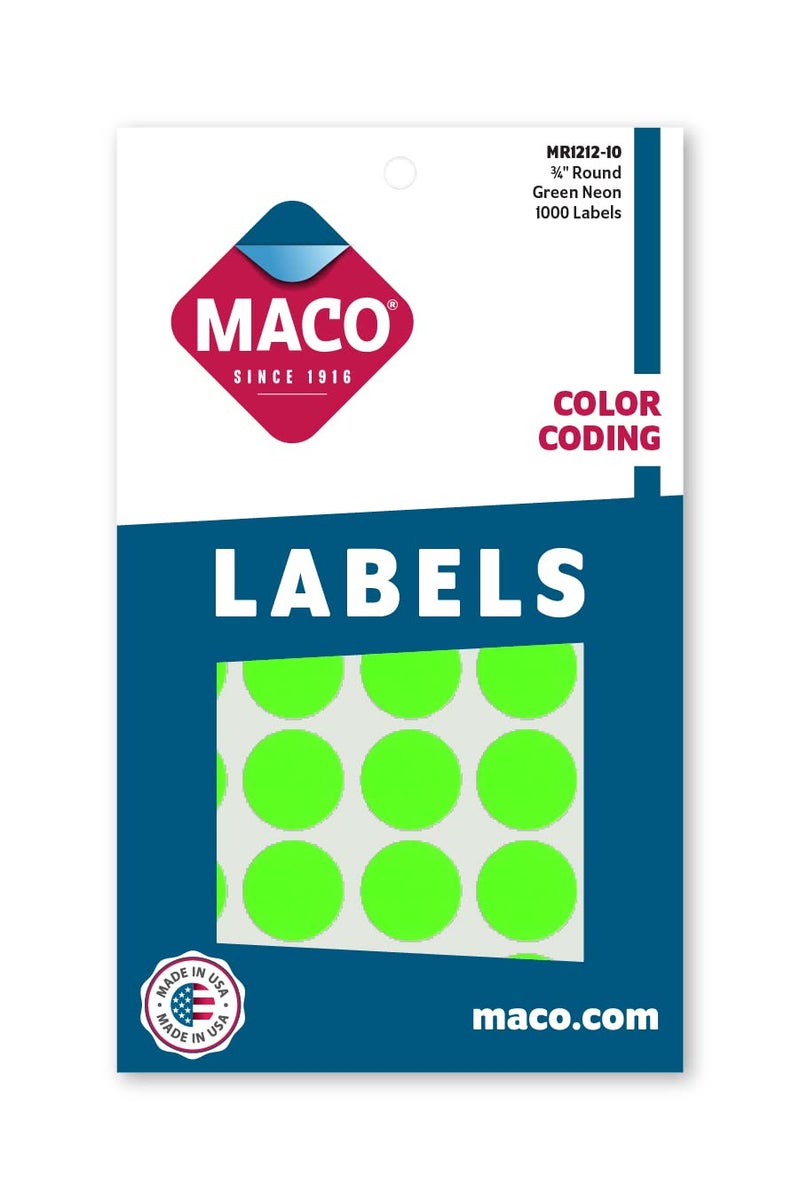MACO Neon Green Round Color Coding Labels, 3/4 Inches in Diameter, 1000 Per Box (MR1212-10) - Image 3