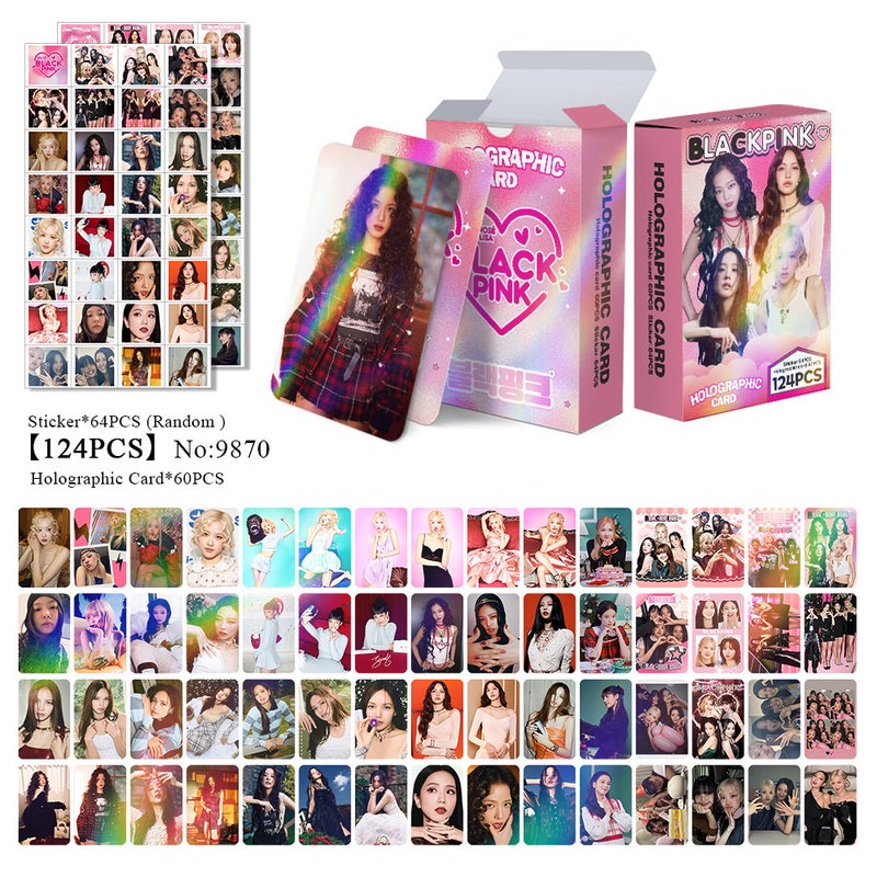 BLACKPINK 124PCS Holographic Cards & Star Stickers Set – 60PCS Holographic LOMO Cards + 64PCS Random Celebrity Stickers for DIY Scrapbooking, Album Decoration, Journaling, and Birthday Gift for Teens