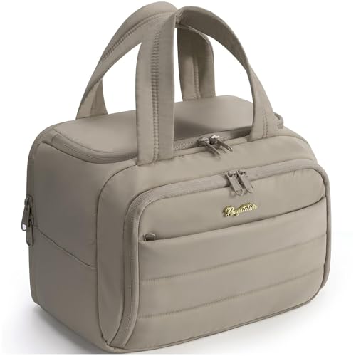 Bagstellar Travel Toiletry Bag for Women, Lightweight Large Quilted Puffy Makeup Bag Wide-open Make up Organizer Cloud Cosmetic Bag w/Handle for Traveling, Toiletries, Essentials, Accessories Oatmeal - Image 1