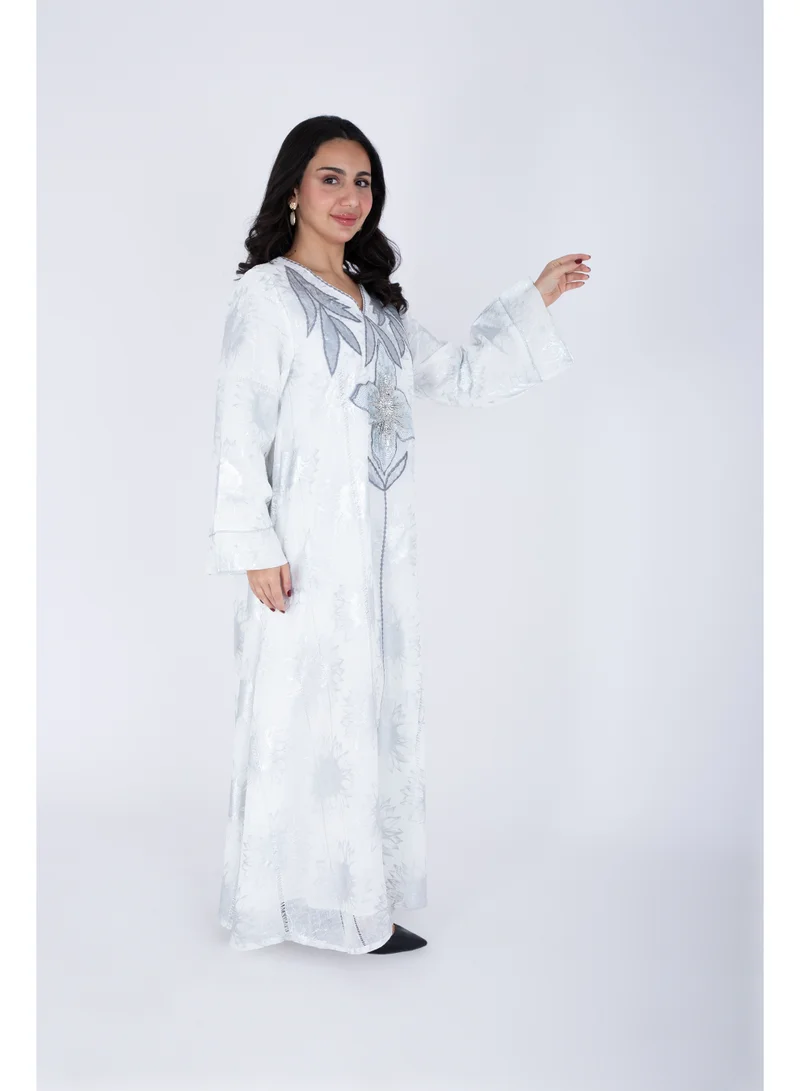 IKKXA  Classic Design Silver Patterns Jalabiya  | Best Price UAE