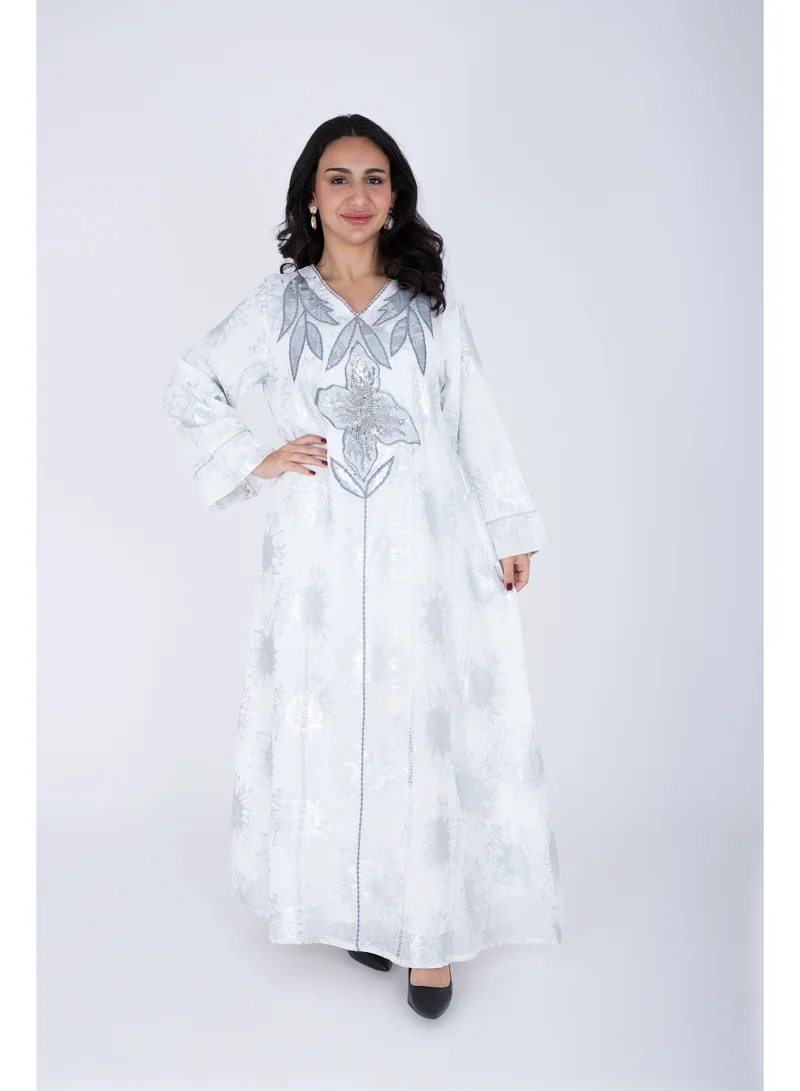 IKKXA  Classic Design Silver Patterns Jalabiya  | Best Price UAE