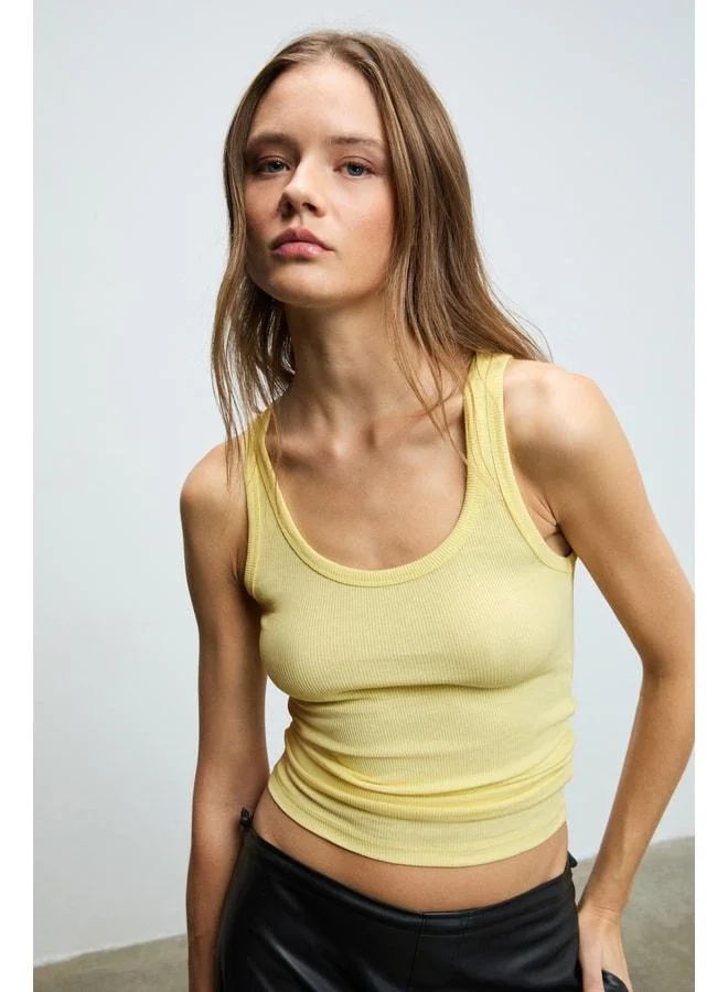 Ethiquet LILLESOL Women's Pleated-Style Slim Fit Body-Hugging Pool Collar Cotton Basic Dark Yellow Tank Top.