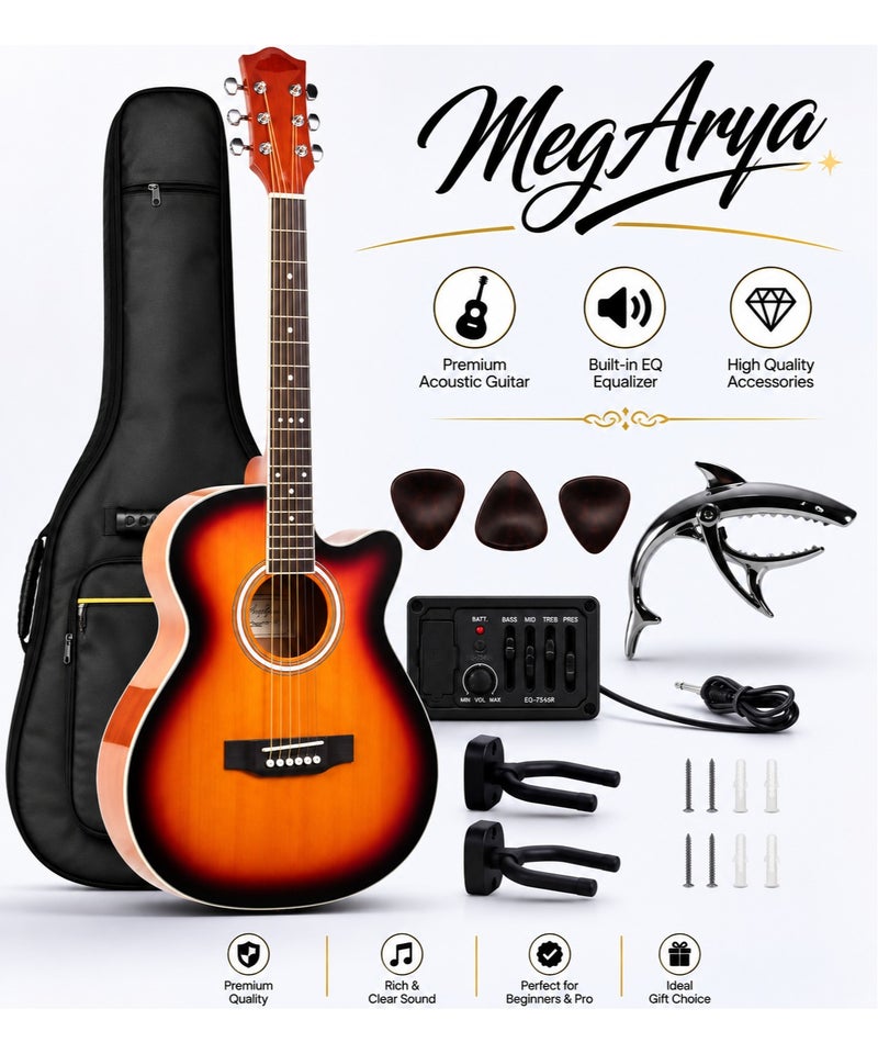 MegArya Cutaway Acoustic Guitar 6 String with Separate EQ Control System, Gig Bag, Capo, 3 Picks, Cable & Wall Hangers, Guitar Set for Beginners, Students & Home Practice - Image 2