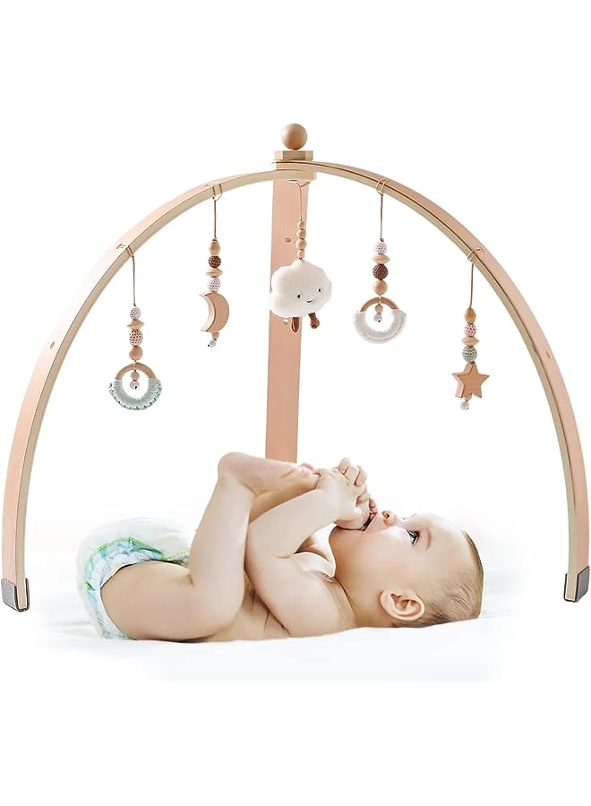 IAF Wooden Baby Gym with 5 Hanging Toys Foldable Baby Play Gym Frame Activity Gym Hanging Bar Newborn Gift Baby Girl and Boy Gym, Baby Toys for Perfect 0-1.5 Years Baby Shower - Image 1
