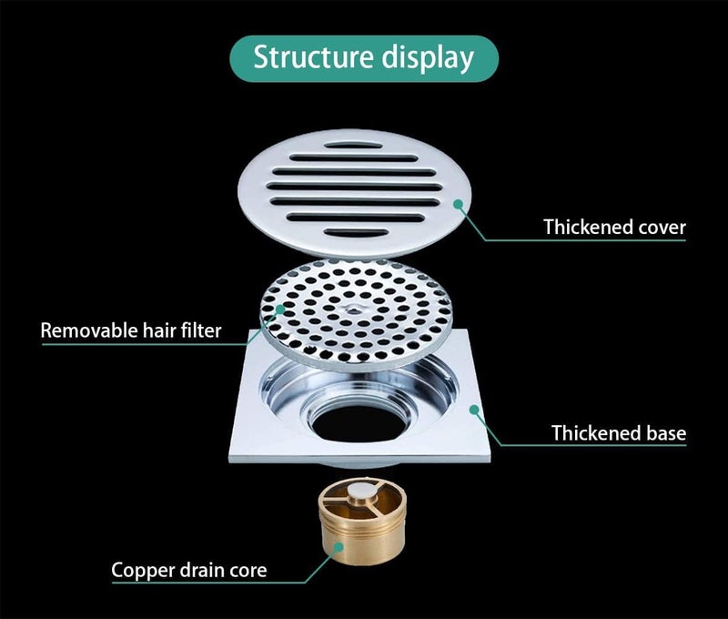 KASTWAVE 4" Square Shower Drain, Stainless Steel Floor Drain with Removable Cover Grate and Hair Strainer, Prevent Odor from Entering Through The Drain, for Kitchen Balcony Garage - Image 5