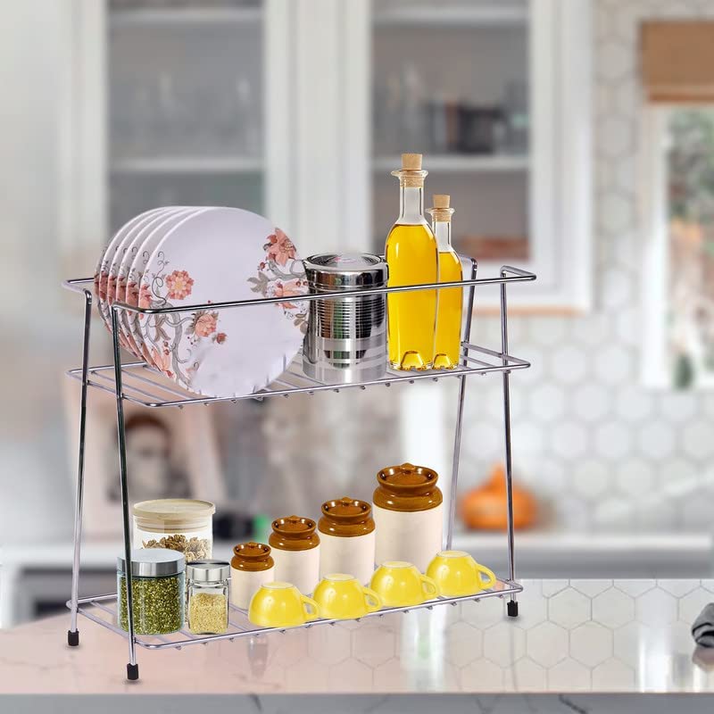 CR18 COLLECTION Big Size Stainless Steel 2 Layer Spice Rack | Modular Kitchen Storage Organizer | Multipurpose Shelf, Silver - Image 2