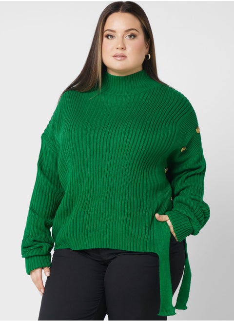 Button Detail Turtle Neck Asymmetrical Sweater