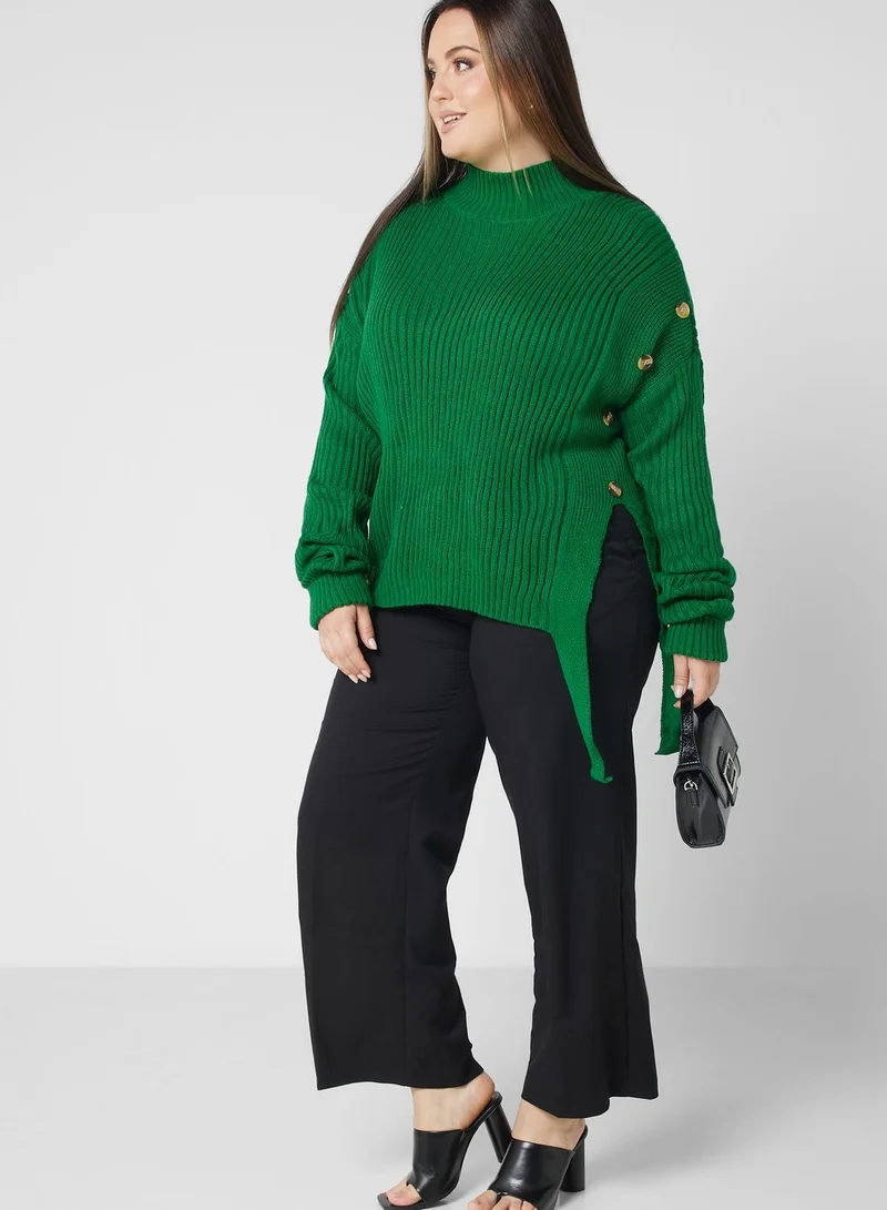 Ginger Plus Button Detail Turtle Neck Asymmetrical Sweater