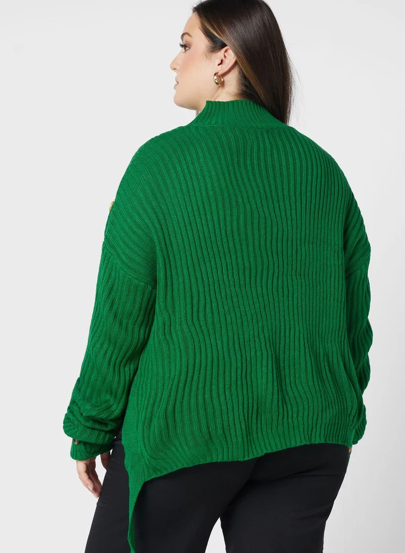 Ginger Plus Button Detail Turtle Neck Asymmetrical Sweater