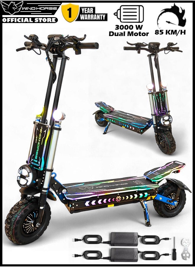 Wind Horse H3 Powerful Electric Scooter 3000W Dual Motor  – 60V 40Ah Battery, 85 KM/H Max Speed, 120 KM Range – 13 Inches Tires, Hydraulic Brakes, Dual Suspension, 3 LED Headlights, Strong Steel Frame, Full Body RGB Lights  - Image 1