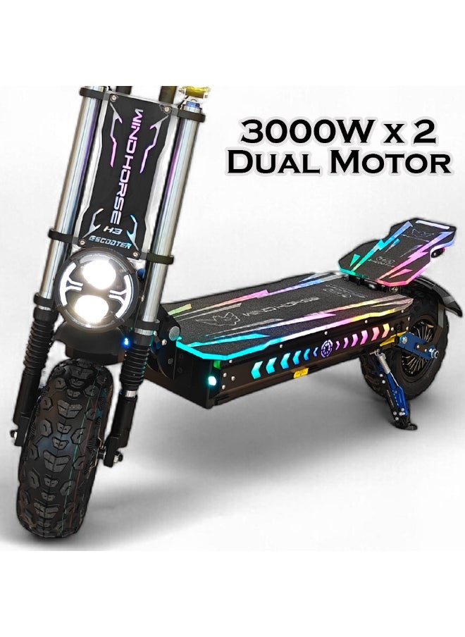 Wind Horse H3 Powerful Electric Scooter 3000W Dual Motor  – 60V 40Ah Battery, 85 KM/H Max Speed, 120 KM Range – 13 Inches Tires, Hydraulic Brakes, Dual Suspension, 3 LED Headlights, Strong Steel Frame, Full Body RGB Lights  - Image 3