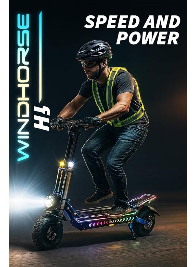 حصان الريح سكوتر كهربائي قوي H3 بمحرك مزدوج بقوة 3000 واط - بطارية 60 فولت 40 أمبير، سرعة قصوى 85 كم/ساعة، مدى 120 كم - إطارات 13 بوصة، مكابح هيدروليكية، نظام تعليق مزدوج، 3 مصابيح أمامية LED، إطار فولاذي قوي، مصابيح RGB كاملة الهيكل - Image 2