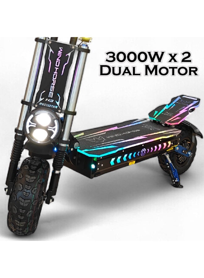 حصان الريح سكوتر كهربائي قوي H3 بمحرك مزدوج بقوة 3000 واط - بطارية 60 فولت 40 أمبير، سرعة قصوى 85 كم/ساعة، مدى 120 كم - إطارات 13 بوصة، مكابح هيدروليكية، نظام تعليق مزدوج، 3 مصابيح أمامية LED، إطار فولاذي قوي، مصابيح RGB كاملة الهيكل - Image 4