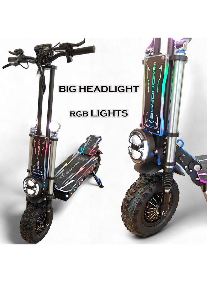 حصان الريح سكوتر كهربائي قوي H3 بمحرك مزدوج بقوة 3000 واط - بطارية 60 فولت 40 أمبير، سرعة قصوى 85 كم/ساعة، مدى 120 كم - إطارات 13 بوصة، مكابح هيدروليكية، نظام تعليق مزدوج، 3 مصابيح أمامية LED، إطار فولاذي قوي، مصابيح RGB كاملة الهيكل - Image 5