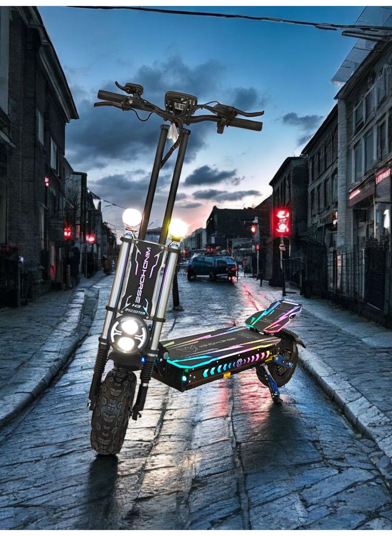 حصان الريح سكوتر كهربائي قوي H3 بمحرك مزدوج بقوة 3000 واط - بطارية 60 فولت 40 أمبير، سرعة قصوى 85 كم/ساعة، مدى 120 كم - إطارات 13 بوصة، مكابح هيدروليكية، نظام تعليق مزدوج، 3 مصابيح أمامية LED، إطار فولاذي قوي، مصابيح RGB كاملة الهيكل - Image 3