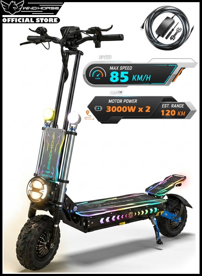 H3 Powerful Electric Scooter 3000W Dual Motor – 60V 40Ah Battery, 85 KM/H Max Speed, 120 KM Range – 13 Inches Tires, Hydraulic Brakes, Dual Suspension, 3 LED Headlights, Strong Steel Frame, Full Body RGB Lights