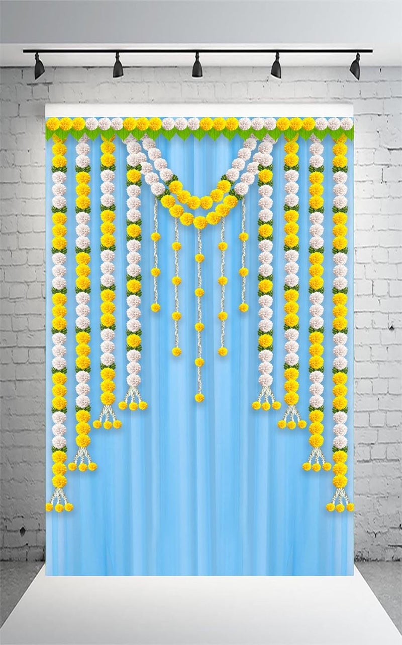 DHARA CREATION Dhara Blue Curtain WIth Hanging Flower Backdrop Cloth for Pooja Decoration 8ft x 5ft Ideal for Pooja Religious Ceremonies and Home Decor Washable Fabric - Image 4
