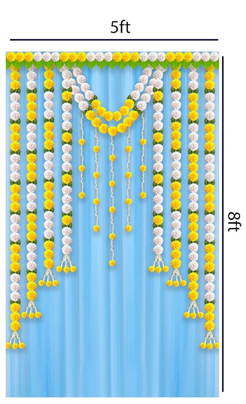 DHARA CREATION Dhara Blue Curtain WIth Hanging Flower Backdrop Cloth for Pooja Decoration 8ft x 5ft Ideal for Pooja Religious Ceremonies and Home Decor Washable Fabric - Image 2
