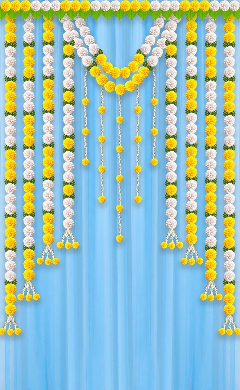 DHARA CREATION Dhara Blue Curtain WIth Hanging Flower Backdrop Cloth for Pooja Decoration 8ft x 5ft Ideal for Pooja Religious Ceremonies and Home Decor Washable Fabric - Image 3
