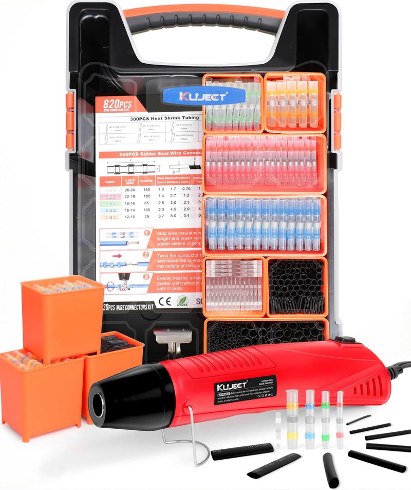 Kuject Mini Heat Shrink Gun Kit, 820PCS Solder Seal Wire Connectors & Heat Shrink Tubing Kit, Waterproof Heat Shrink Wire Connectors Kit with 482~752Â°F Heat Gun for Marine Automotive Wiring, AWG26-10 - Image 1