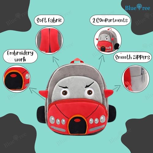 blue tree Cute Boy's and Girl's Plush Kids Bag Full Embroidery Designs Mini Travel Backpack (Tiny Red Car) - Image 3