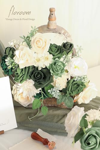 Floroom Olive Green Artificial Flowers Forest Green Fake Roses Peonies Dahlia Greenery Combo Box Set for DIY Wedding Bouquets Bridal Shower Centerpieces Floral Arrangement Party Tables Home Decoration - Image 3