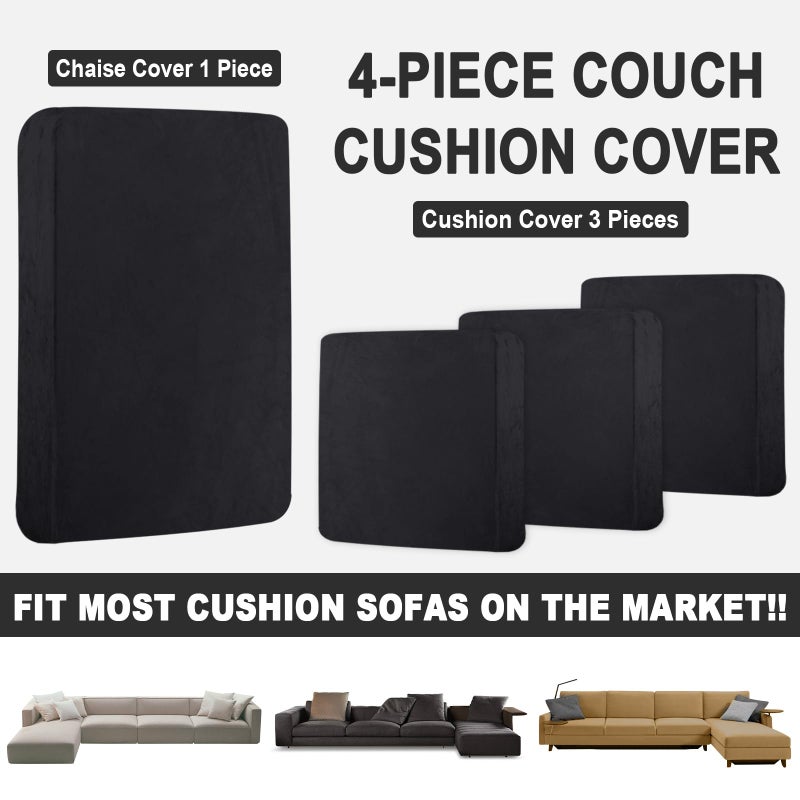 BT.WA Sectional Couch Covers for 4-Piece Seat Cushion Velvet Separate L Shape Couch Cover Stretch Sofa Slipcover with 2 Pieces Pillowcases Furniture Protector (Sofa 3 Seater + 1 Chaise  Black) - Image 4