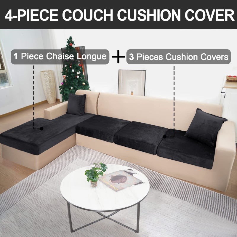 BT.WA Sectional Couch Covers for 4-Piece Seat Cushion Velvet Separate L Shape Couch Cover Stretch Sofa Slipcover with 2 Pieces Pillowcases Furniture Protector (Sofa 3 Seater + 1 Chaise  Black) - Image 2