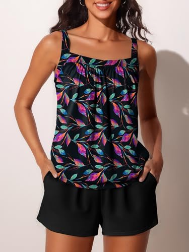 Summer Mae Blouson Womens Tankini Swimsuits 2026 Modest Tummy Control Bathing Suits Swim Shorts with Pockets for Beach Iridescent Leaf Size 6 - Image 3