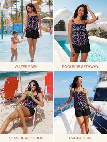 Summer Mae Blouson Womens Tankini Swimsuits 2026 Modest Tummy Control Bathing Suits Swim Shorts with Pockets for Beach Iridescent Leaf Size 6 - Image 4