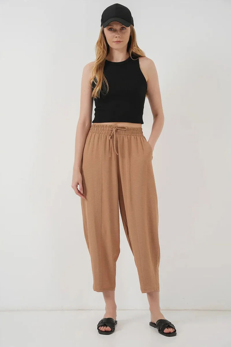 Big Dart Camel Brown BDART Textured Salwar Pants with Drawstring Waist for Women | Best Price UAE