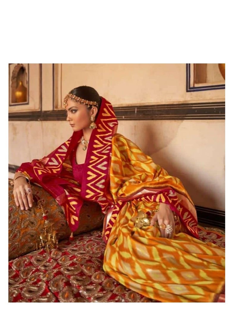 Grab Mantra - Yellow Red with golden weaving Border Cotton Silk saree Plus unstitched Blouse - Image 1