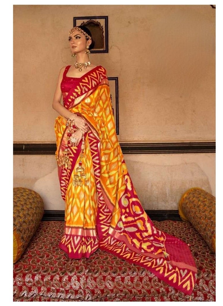 Grab Mantra - Yellow Red with golden weaving Border Cotton Silk saree Plus unstitched Blouse - Image 1