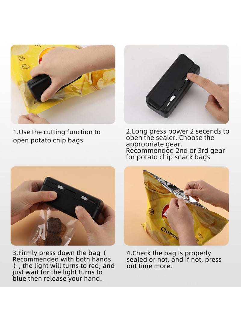 SOLARAE Mini Bag Sealer, USB Charger Potato Chip Bags Heat Sealer Capper, Reseals Snack Plastic Bag Heat Seal and Cutter, Sealing Machine Vacuum Impulse For Mylar Cereal Bags, Keep Food Fresh (Black) - Image 4